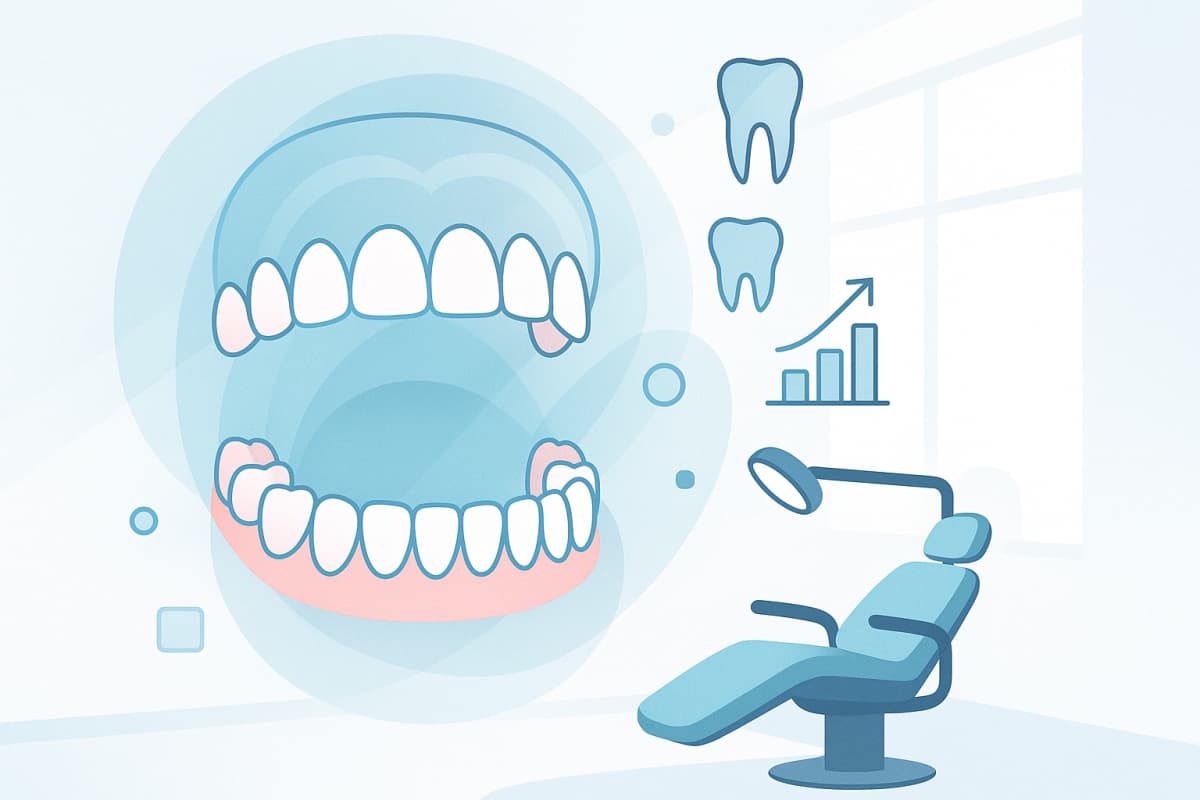 Modern dental illustration with translucent jaws, pink gums, geometric shapes in a bright clinical room.