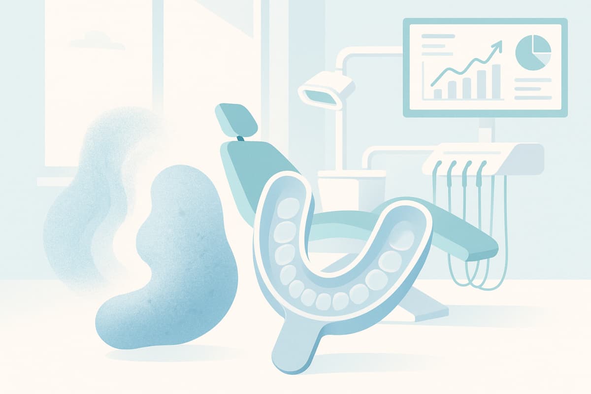Modern dental treatment room with impression materials, growth charts, and digital dashboard elements.
