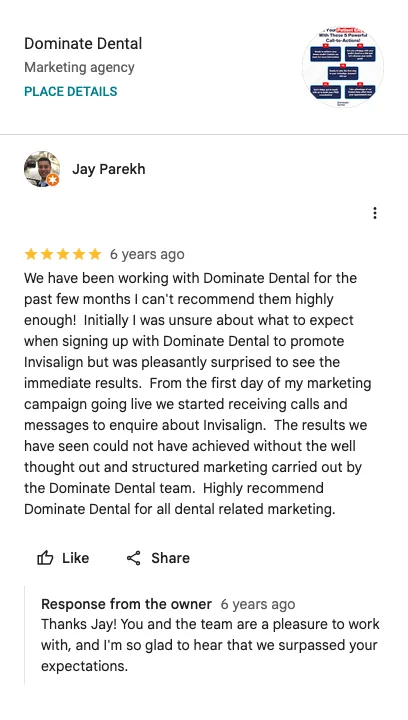 Five star Google review from Jay Parekh: initially unsure, pleasantly surprised by the immediate results promoting Invisalign