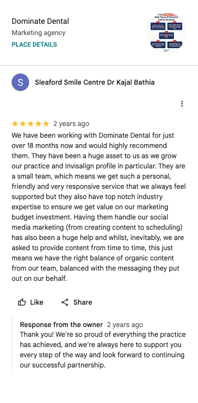 Five star Google review from Sleaford Smile Centre: huge asset growing our practice and Invisalign profile, top notch industry expertise
